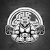 Muscular gorilla wearing sunglasses with a circular maze pattern background in white and gray.