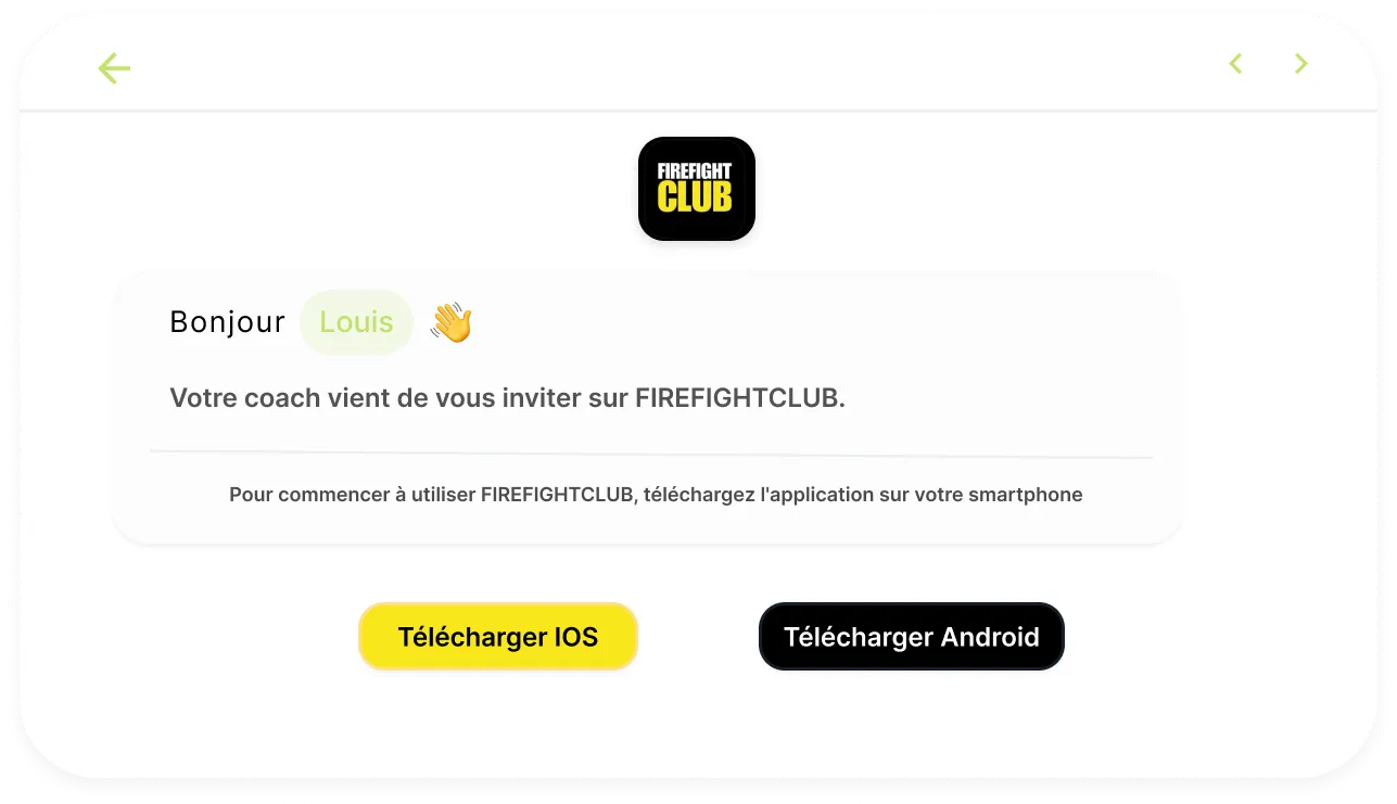 FIREFIGHTCLUB app invitation on screen with buttons to download iOS or Android app.