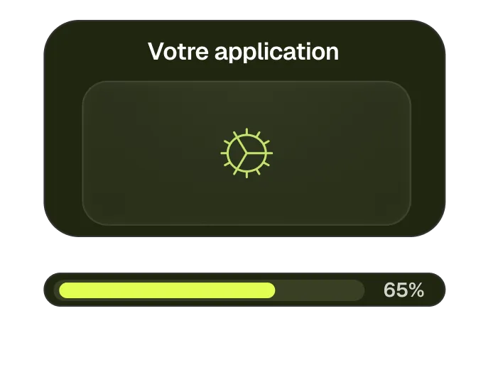 Application loading screen showing a gear icon with a progress bar at 65%.