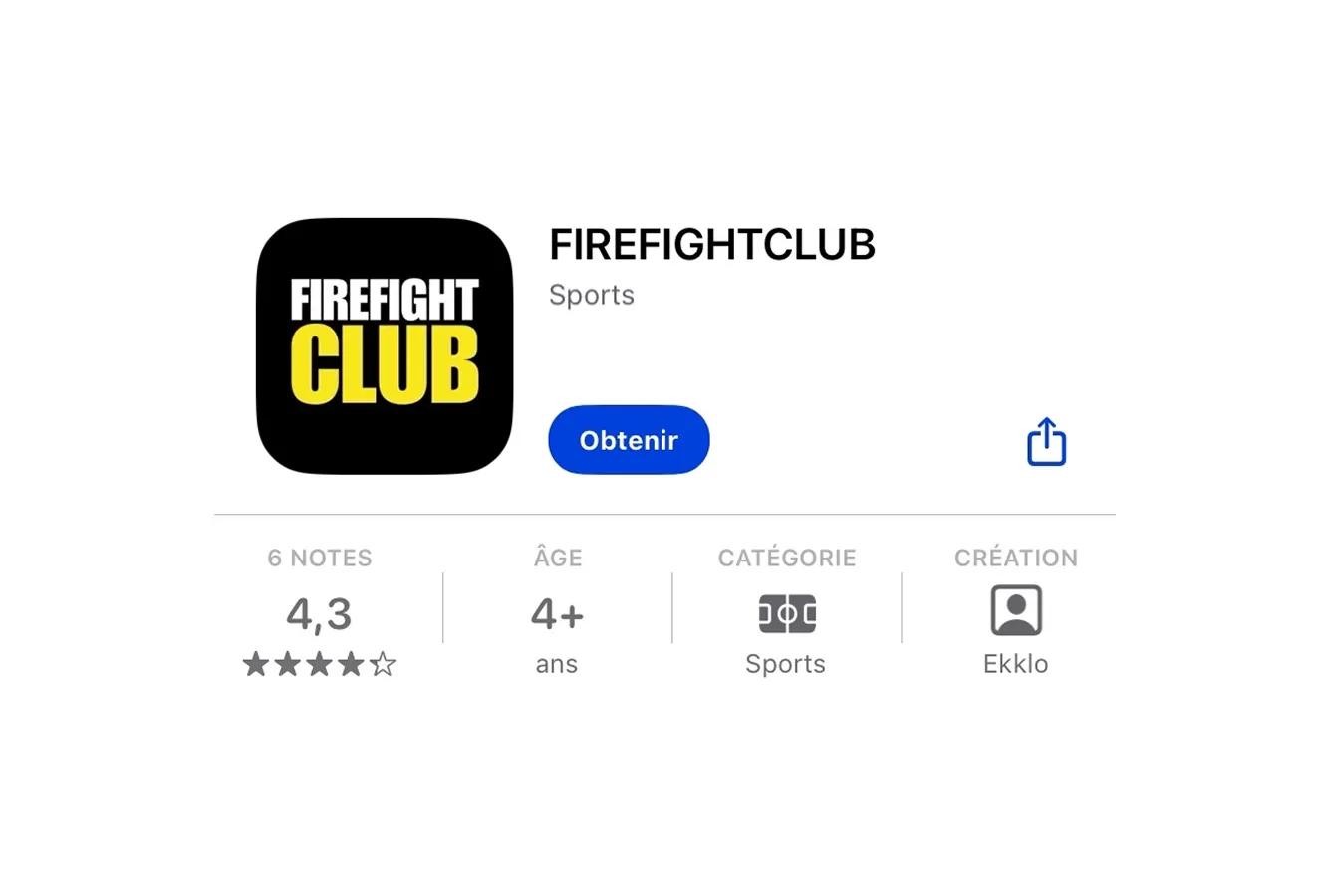 App store listing for FIREFIGHTCLUB sports app with 4.3-star rating and age 4+