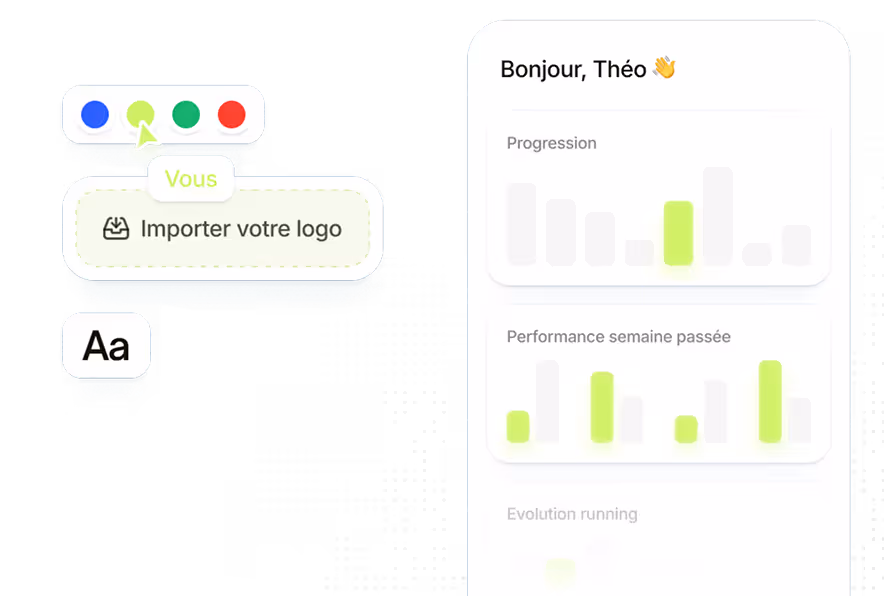 Interface showing logo import button, color options, font size, and user progress and performance charts.