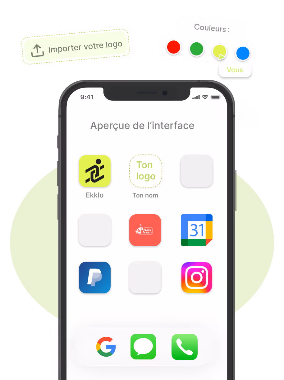 Smartphone screen showing app icons with an option to import logo and select colors in French interface.