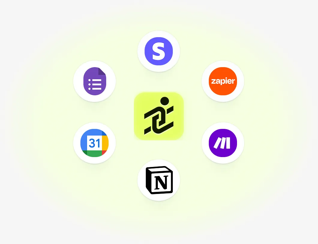 Central running figure icon surrounded by Google Forms, Skype, Zapier, Google Calendar, Notion, and Monday.com logos.