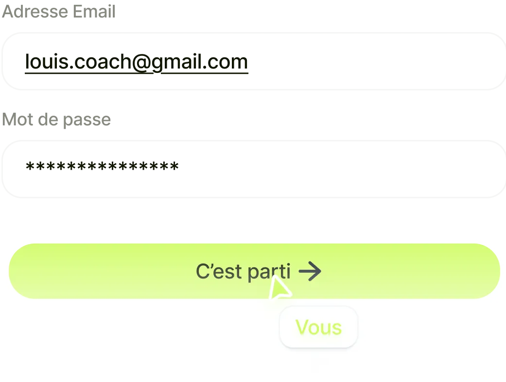 Login form with email address filled and obscured password field and a green submit button labeled Get started