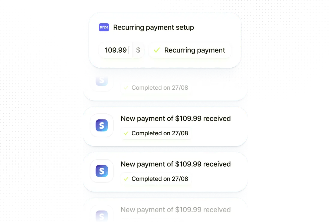 A recurring payment set up in Ekklo and the payments received each month